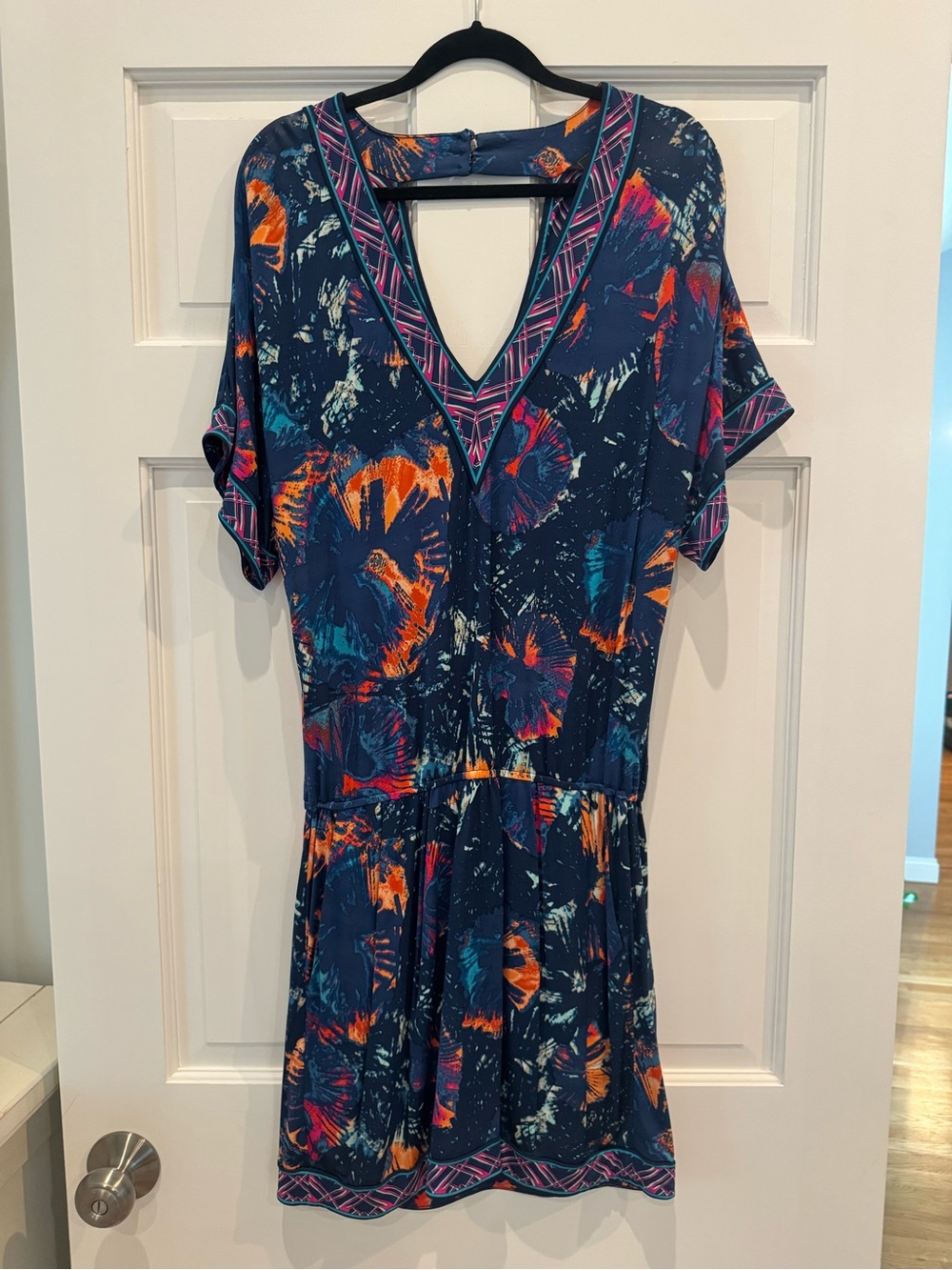 BCBGMaxAzria Navy Floral-Print V-Neck Mini Dress with Orange & Teal Accents
